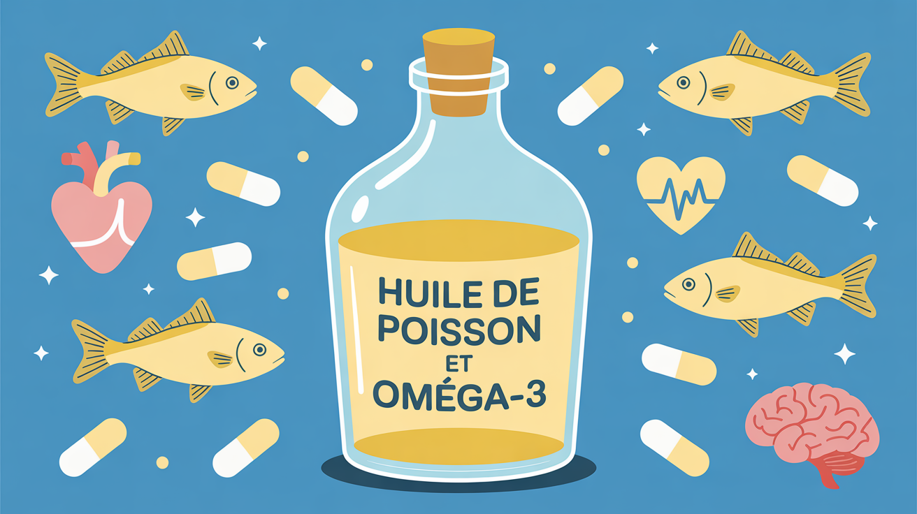 flacon huile de poisson bienfaits entouré poissons et symboles santé