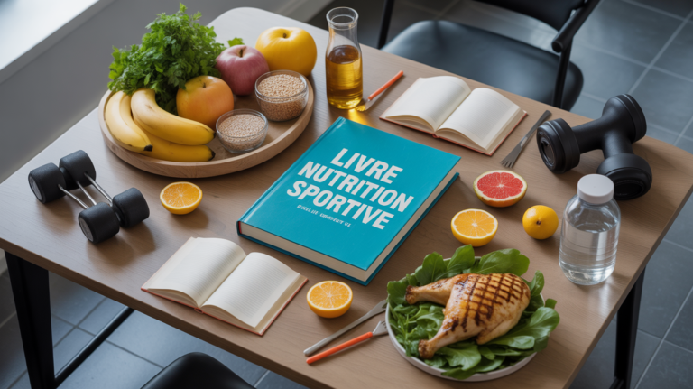 Livre sur la nutrition sportive avec aliments et accessoires sport