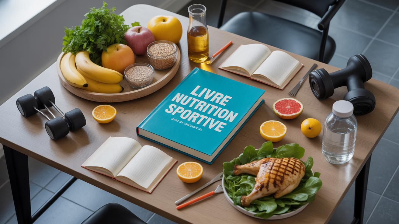 Livre sur la nutrition sportive avec aliments et accessoires sport