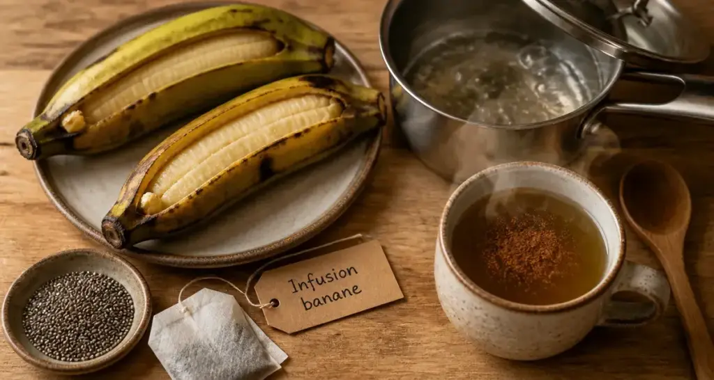 Banane bouillie bienfaits : tasse d’infusion de banane fumante