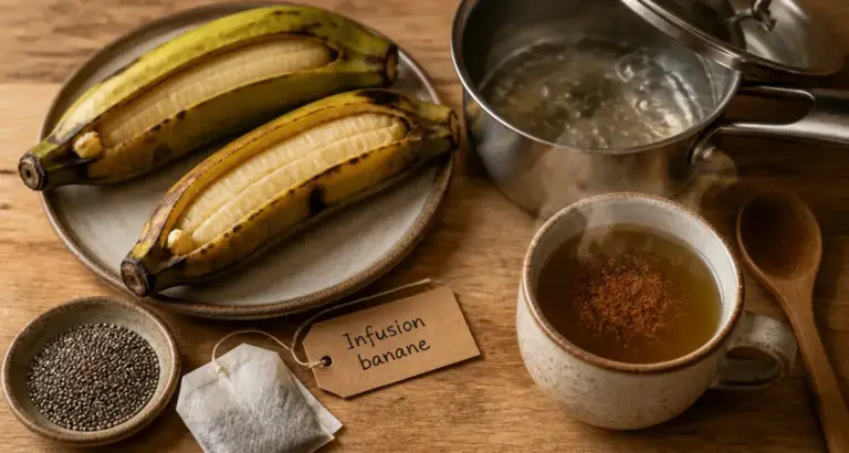 Banane bouillie bienfaits : tasse d’infusion de banane fumante