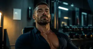 Brad Pitt fight club body : torse athlétique, pores visibles, éclairage néon