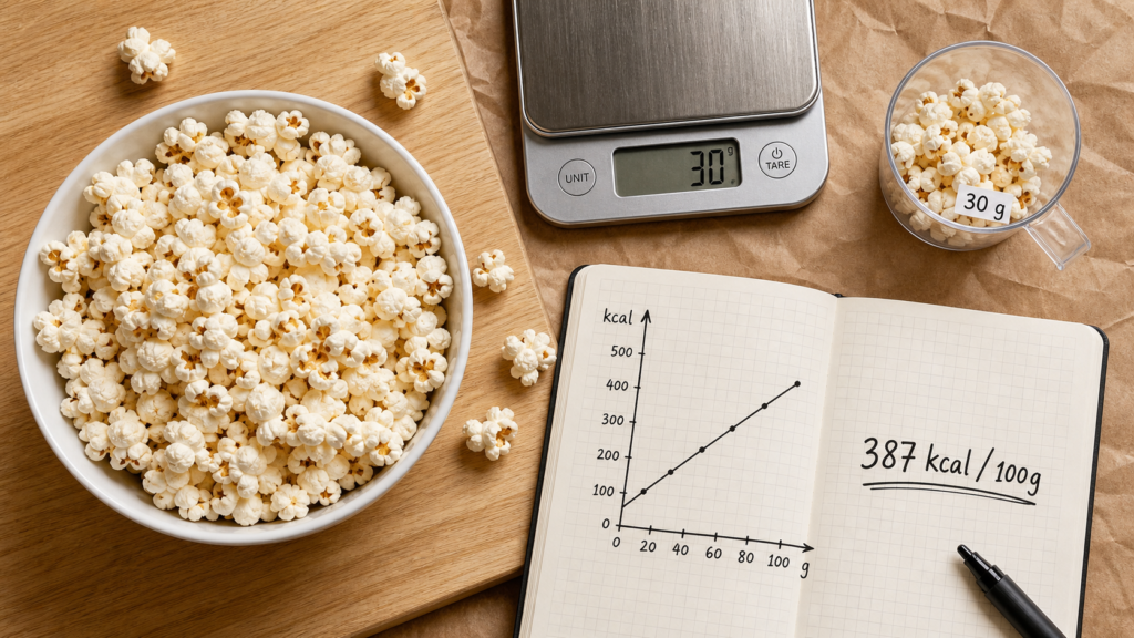 Calories 100g pop corn nature : 30 g de pop-corn mesurés et repères kcal