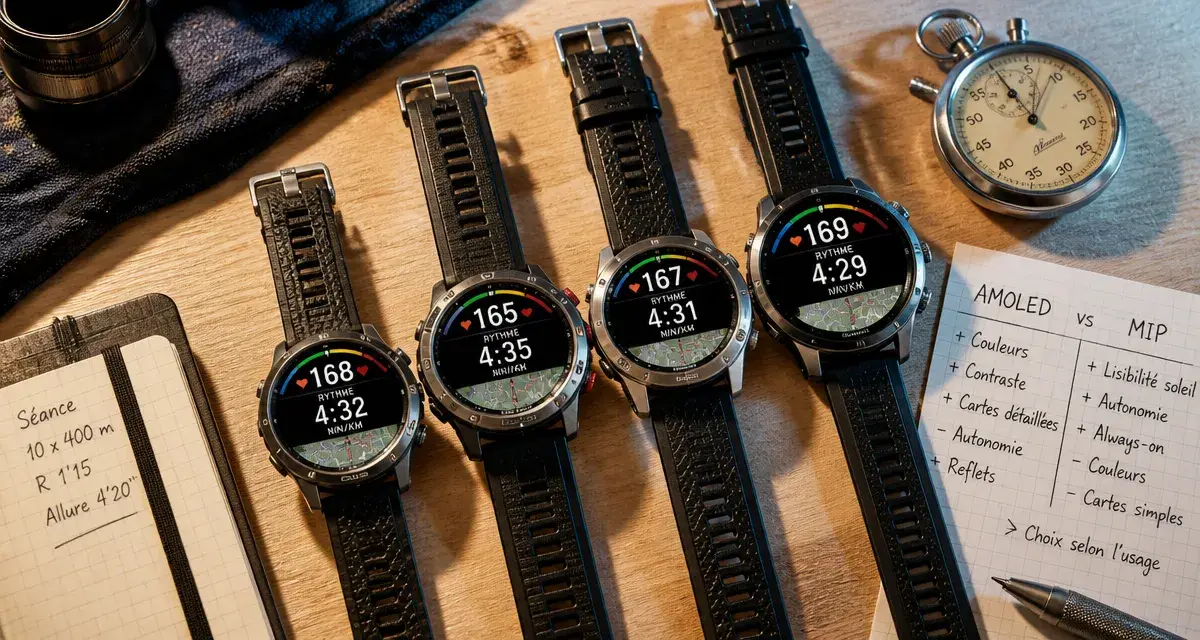 Comparatif garmin forerunner : montres Garmin sur fond bois