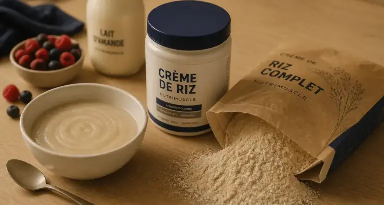 Crème de riz nutrimuscle, bol et poudre de riz complet pour booster la performance