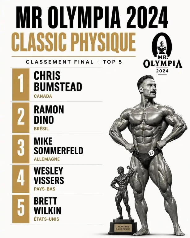 Classement officiel du top 5 Mr Olympia 2024 Classic Physique avec Chris Bumstead en première position