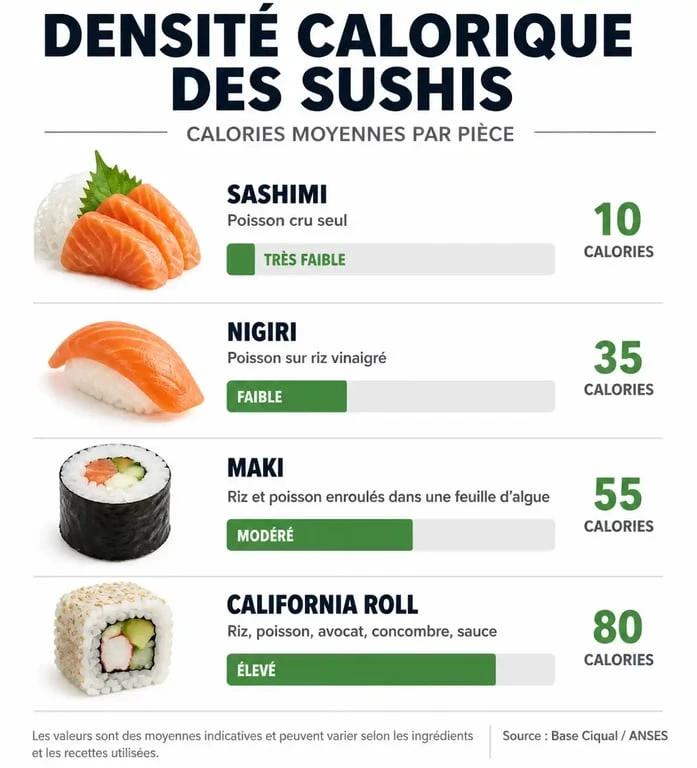 Infographie comparative de la teneur en calories par type de sushi pour un sushi calorie count maîtrisé