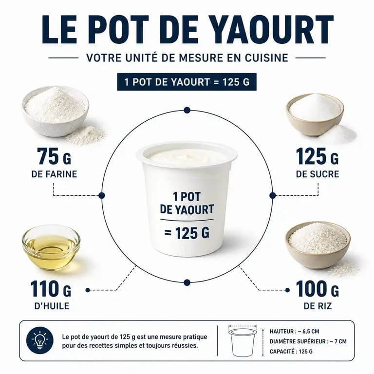 Infographie des équivalences de poids pour un pot de yaourt nature de 125g en cuisine