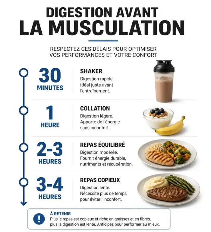 Infographie des délais de digestion recommandés pour la musculation après manger