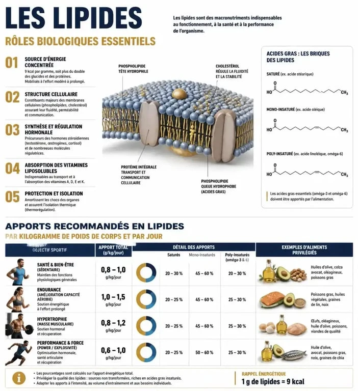 Infographie sur les recommandations d'apport en lipides par kg de poids de corps pour la santé et le sport