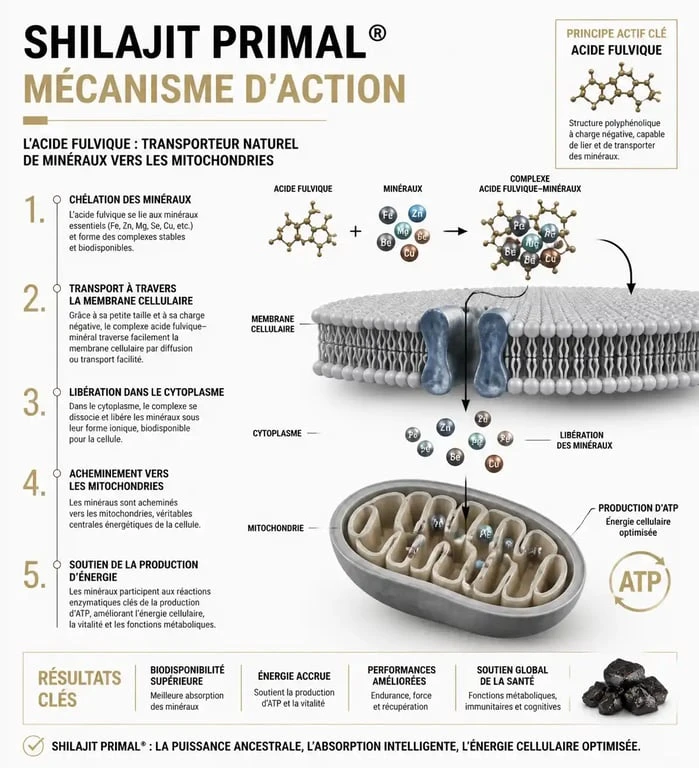 Infographie expliquant les bienfaits du Shilajit Primal et le rôle de l'acide fulvique sur les cellules