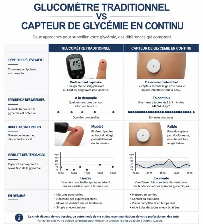 Comparatif entre glucomètre traditionnel et lecteur de glycémie sans piqûre