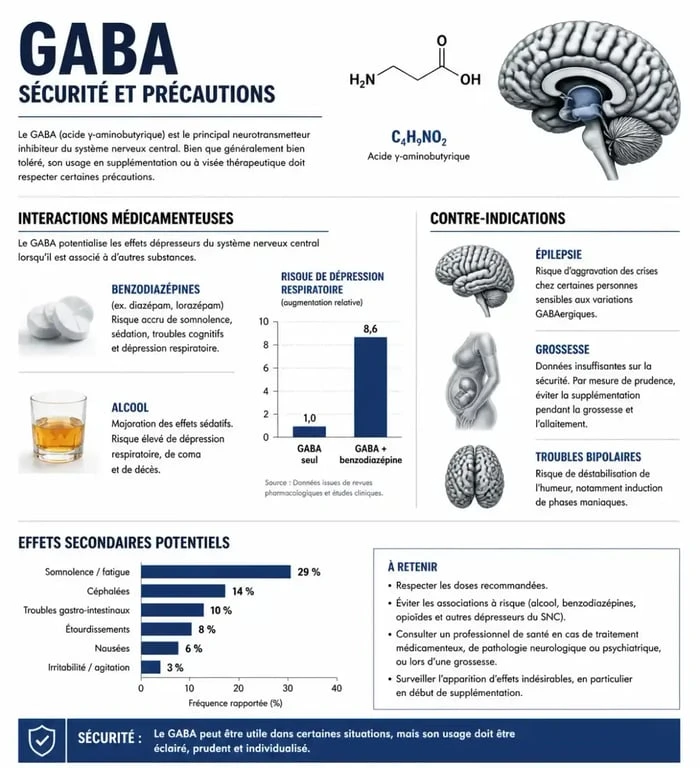 Infographie sur les dangers et précautions liés à la supplémentation en GABA