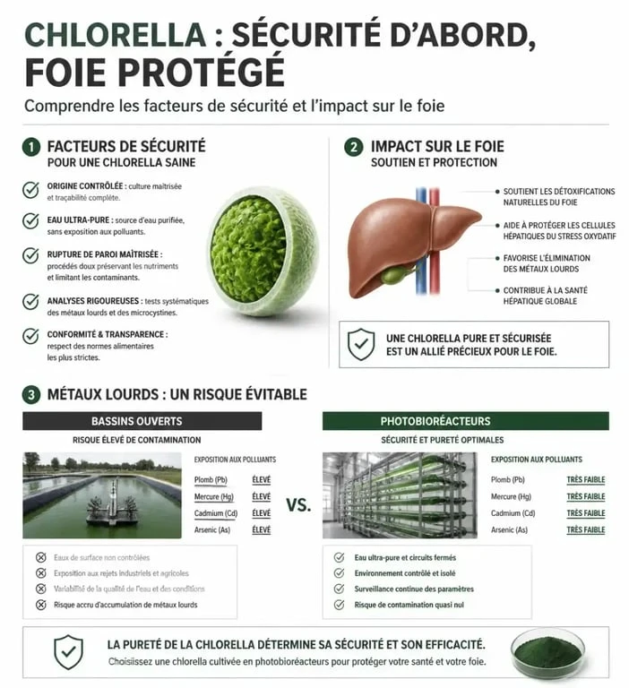 Infographie sur les risques et bénéfices de la chlorella pour le foie et critères de qualité