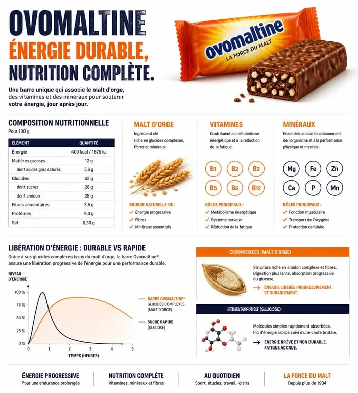 Infographie sur les bienfaits nutritionnels et l'apport énergétique de la barre Ovomaltine pour les sportifs