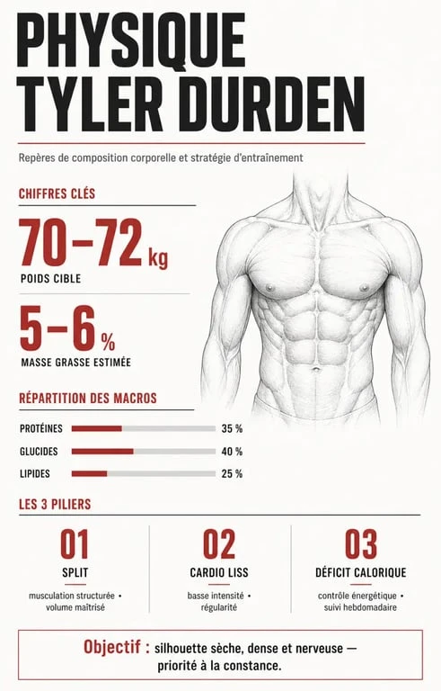 Infographie des statistiques et du programme d'entraînement pour obtenir le corps de Brad Pitt dans Fight Club