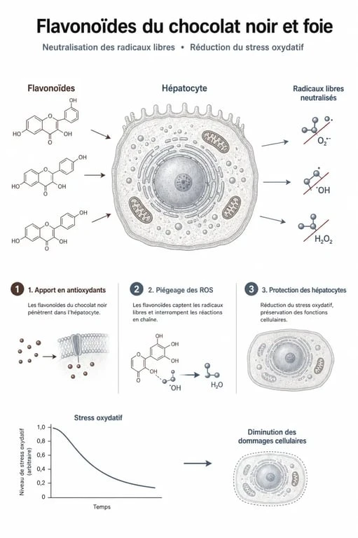 Infographie expliquant les bienfaits du chocolat noir sur le foie et le rôle des flavonoïdes