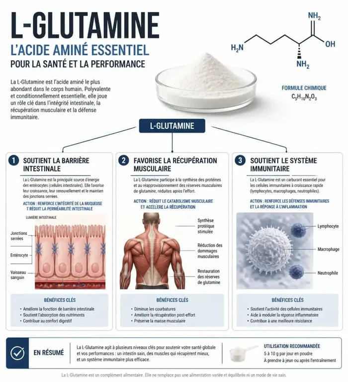Infographie sur les bienfaits et usages de la L-Glutamine en poudre pour la santé intestinale et musculaire