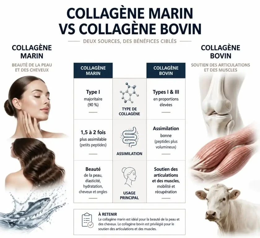 Infographie comparative des bienfaits et différences entre le collagène marin et le collagène bovin pour la santé.