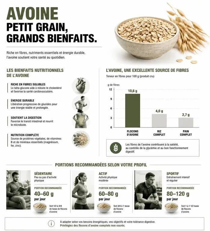 Infographie sur les portions recommandées de flocons d'avoine le matin selon le profil et les bienfaits santé