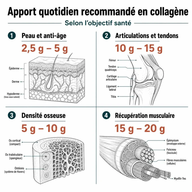 Infographie des doses quotidiennes recommandées de collagène par objectif de santé