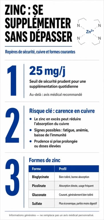 Infographie sur les recommandations, les risques et les formes de zinc pour une supplémentation de 30 mg de zinc par jour