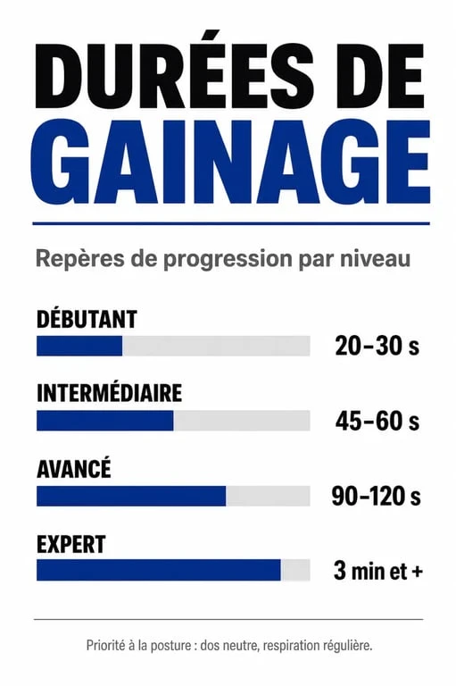 Infographie des durées de gainage recommandées par niveau pour optimiser le gainage combien de temps