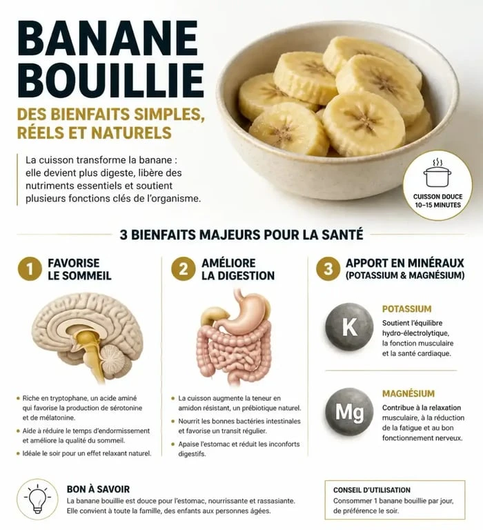Infographie des bienfaits de la banane bouillie pour la santé et le sommeil