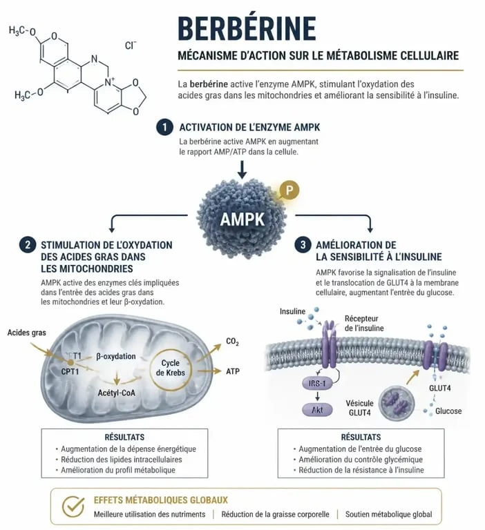 Infographie sur le mécanisme d'action de la berbérine pour la perte de poids et la régulation métabolique