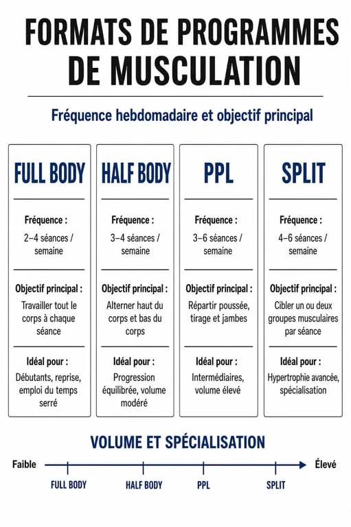 Infographie comparative des formats de programme de musculation pour optimiser son entraînement
