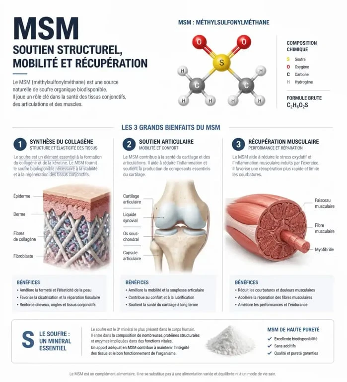 Infographie sur les bienfaits du methyl sulfonyl methane msm pour la santé articulaire et la peau