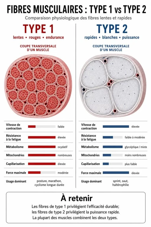 Comparatif des fibres musculaires de type 1 et type 2 : caractéristiques, métabolisme et performance sportive.