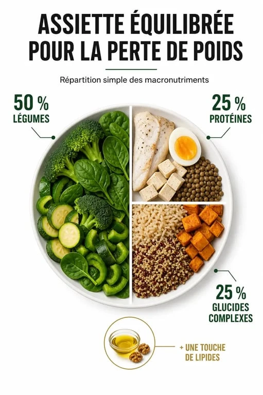 Infographie nutritionnelle illustrant la structure d'une assiette idéale pour la nutrition et la perte de poids