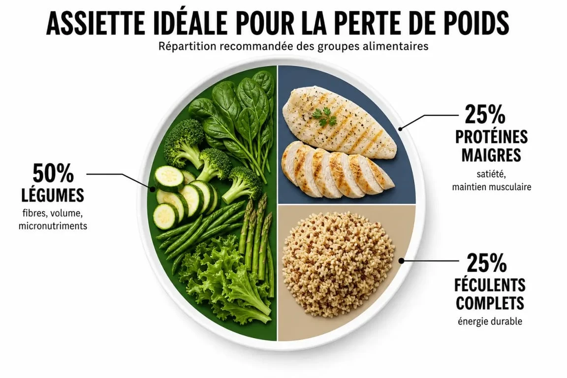 Infographie de la répartition d'une assiette équilibrée pour un plan alimentaire pour perte de poids