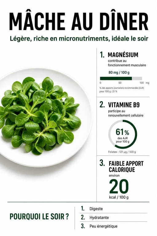 Infographie sur les bienfaits nutritionnels de la mâche pour le soir et ses effets sur le sommeil