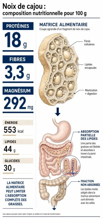 Infographie sur les bienfaits nutritionnels et la gestion du poids avec les noix de cajou