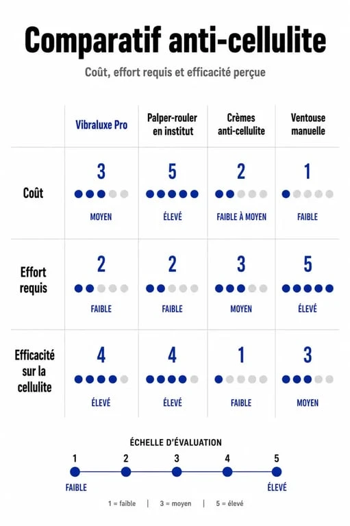 Infographie comparative des méthodes minceur incluant le Vibraluxe Pro pour évaluer les avis et résultats.