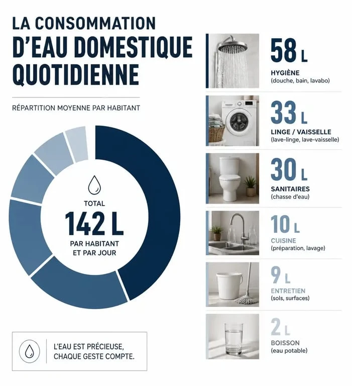 Répartition de la consommation moyenne d'un litre d'eau par usage domestique