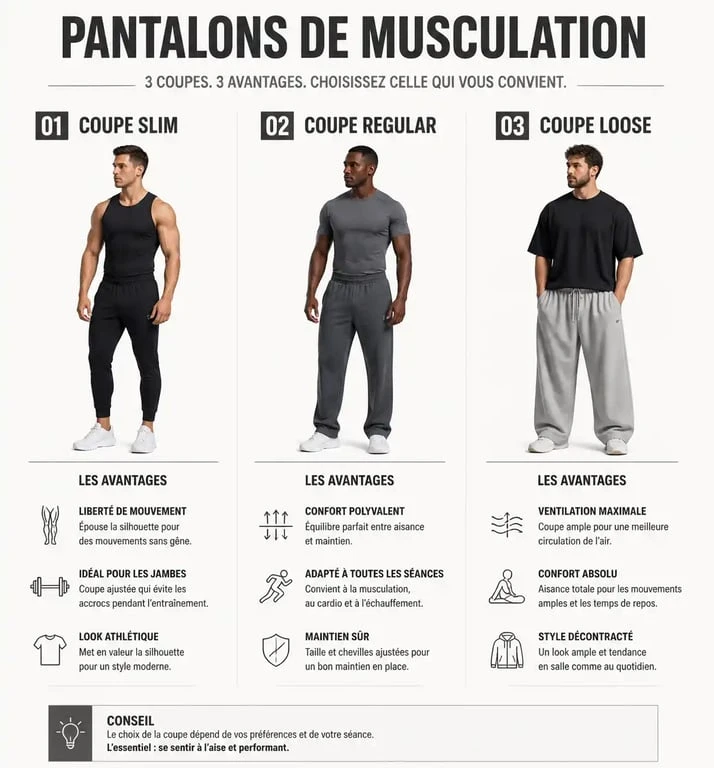 Infographie comparative des coupes de pantalon de musculation : slim, regular et loose pour le fitness.