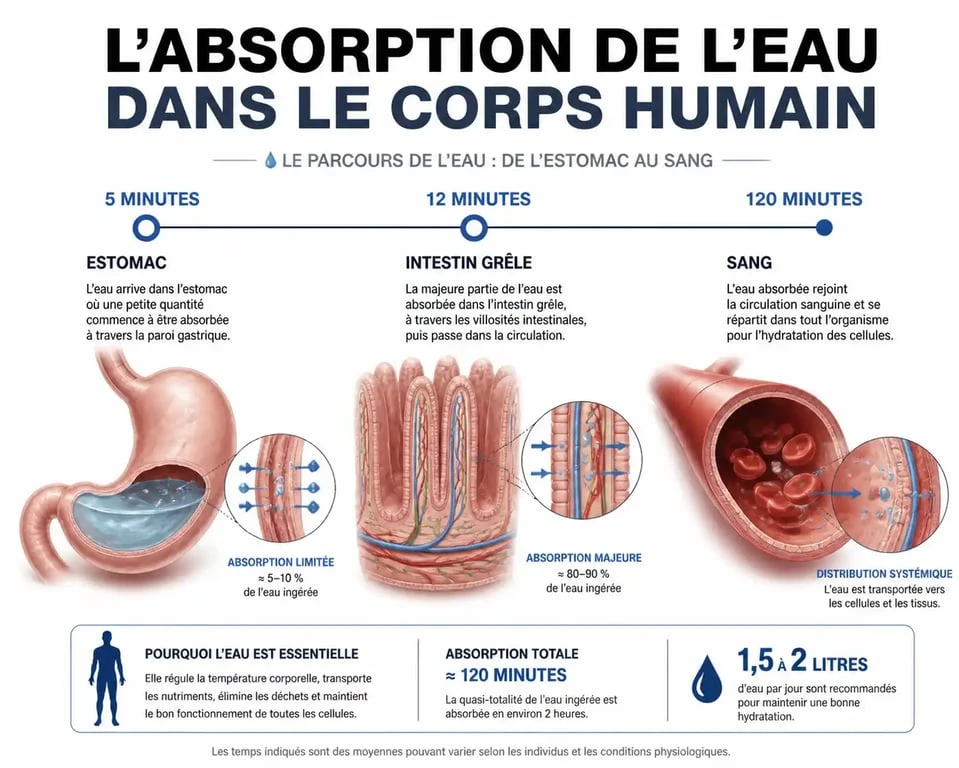 Infographie du temps de digestion de l'eau dans le corps humain