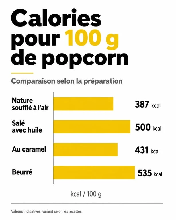 Infographie comparative des calories pour 100g de pop-corn nature, salé, sucré et beurré