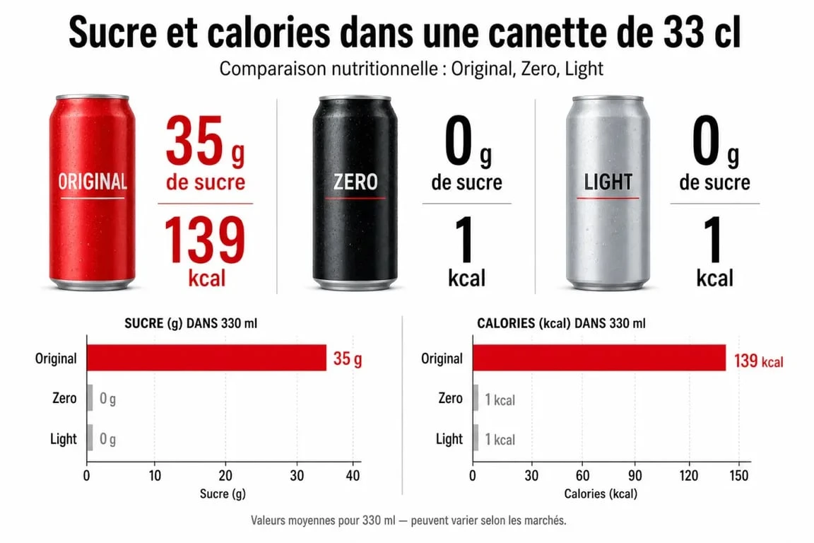 Comparaison des calories et du sucre dans une canette de Coca-Cola Original, Zero et Light