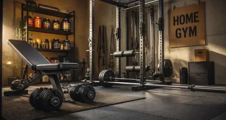 Équipement home gym pour musculation : banc, power rack et haltères