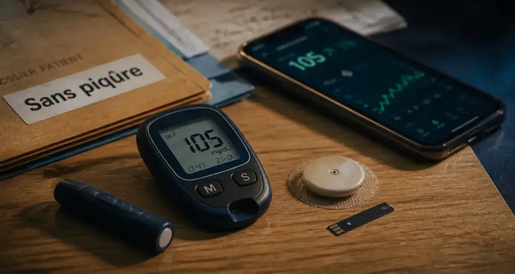 Lecteur de glycémie sans piqure : capteur CGM et téléphone