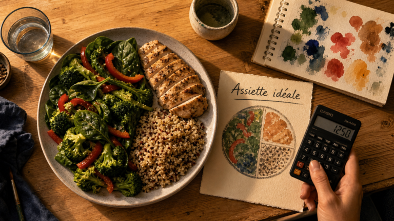 Nutrition perdre du poids : assiette idéale équilibrée, légumes, protéines et glucides complets