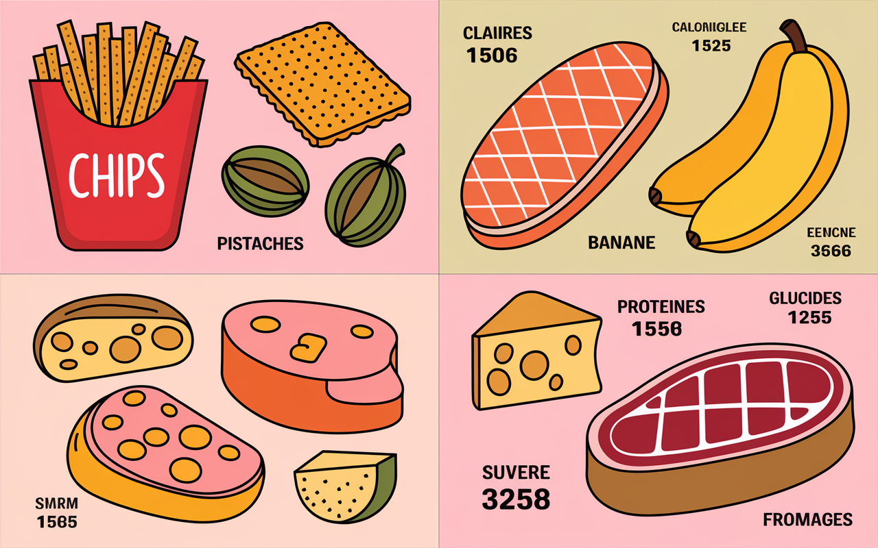 tableau des aliments chips pistaches saumon chiffres