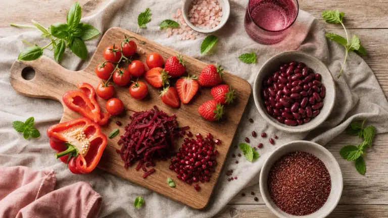 Aliment rouge : tomates, fraises, betterave et bols pour cuisiner de saison