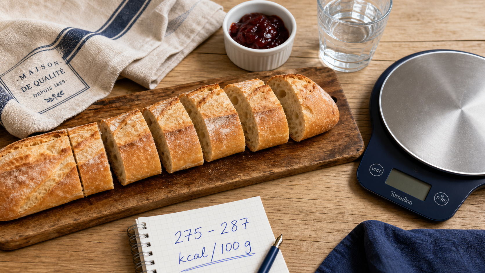 Calories baguette bread : 275–287 kcal/100 g