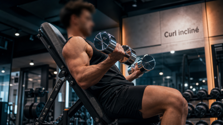 Curl incliné haltères, coudes fixes, descente lente pour biceps