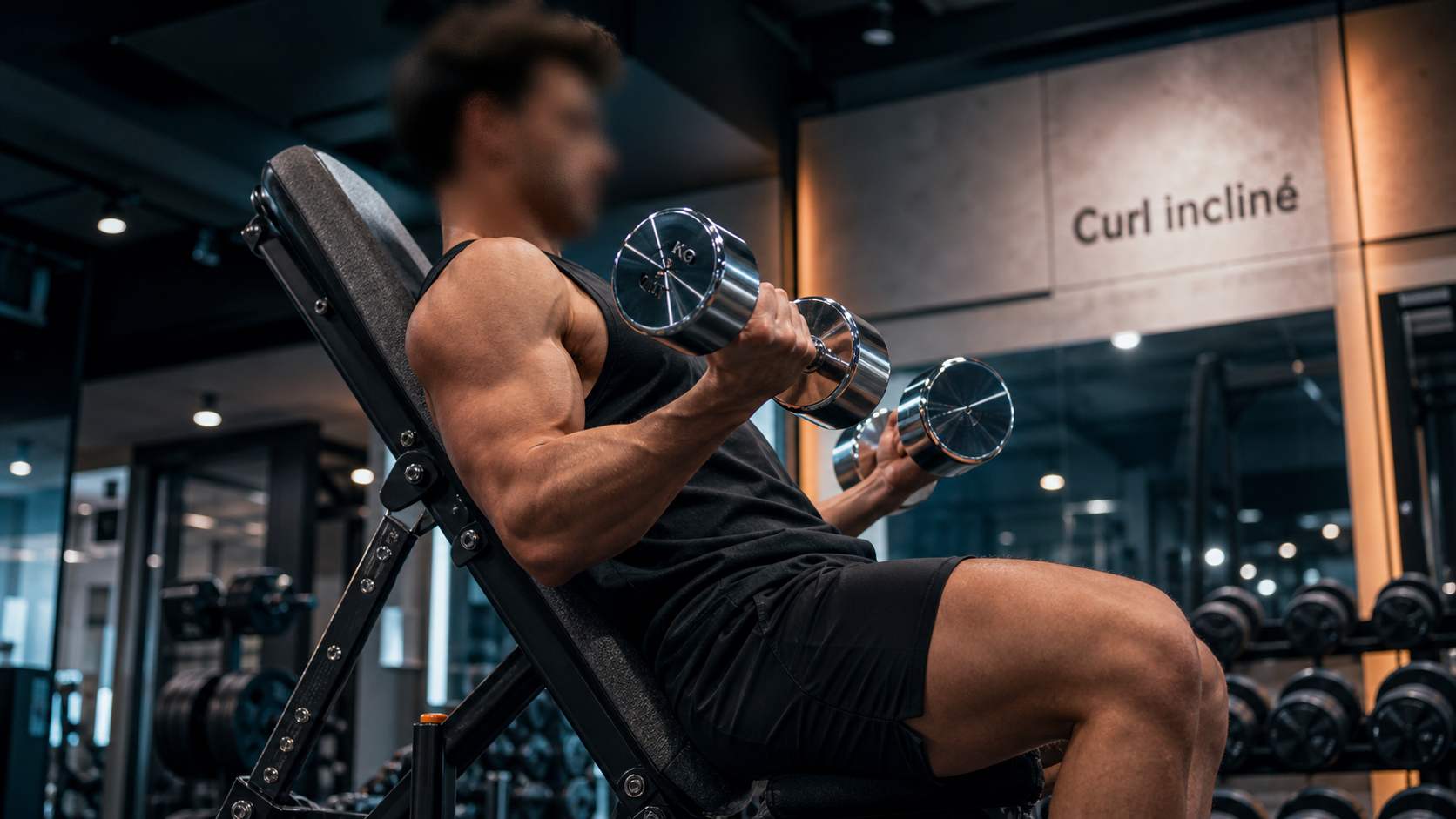 Curl incliné haltères, coudes fixes, descente lente pour biceps